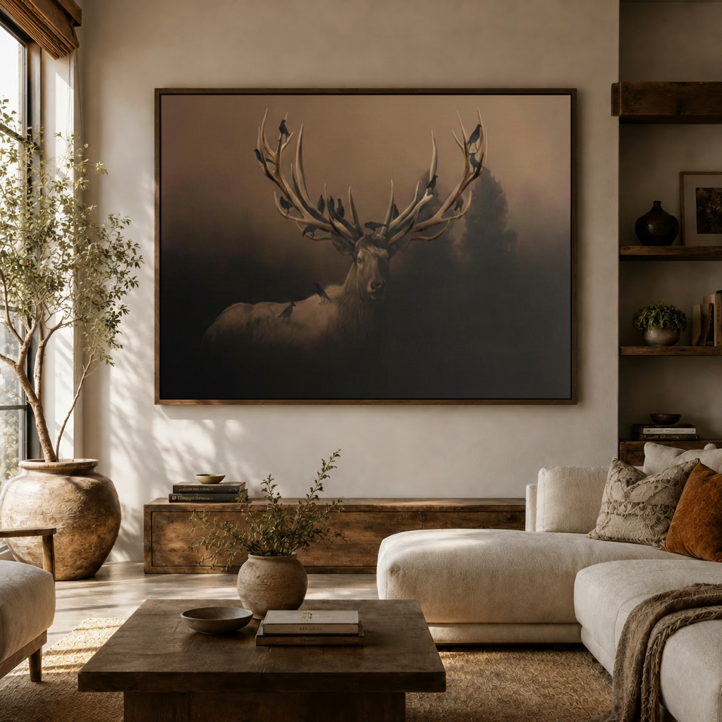 Moody wildlife canvas wall art of a majestic stag with ravens hung above a cream sofa in a cozy living room