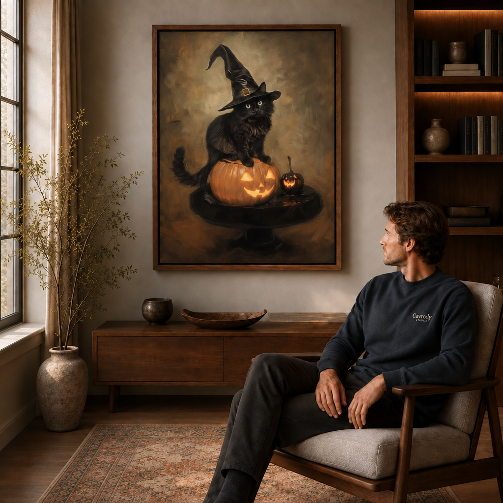 Walnut framed Halloween black cat artwork displayed above a console beside a seated man