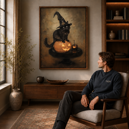 Walnut framed Halloween black cat artwork displayed above a console beside a seated man