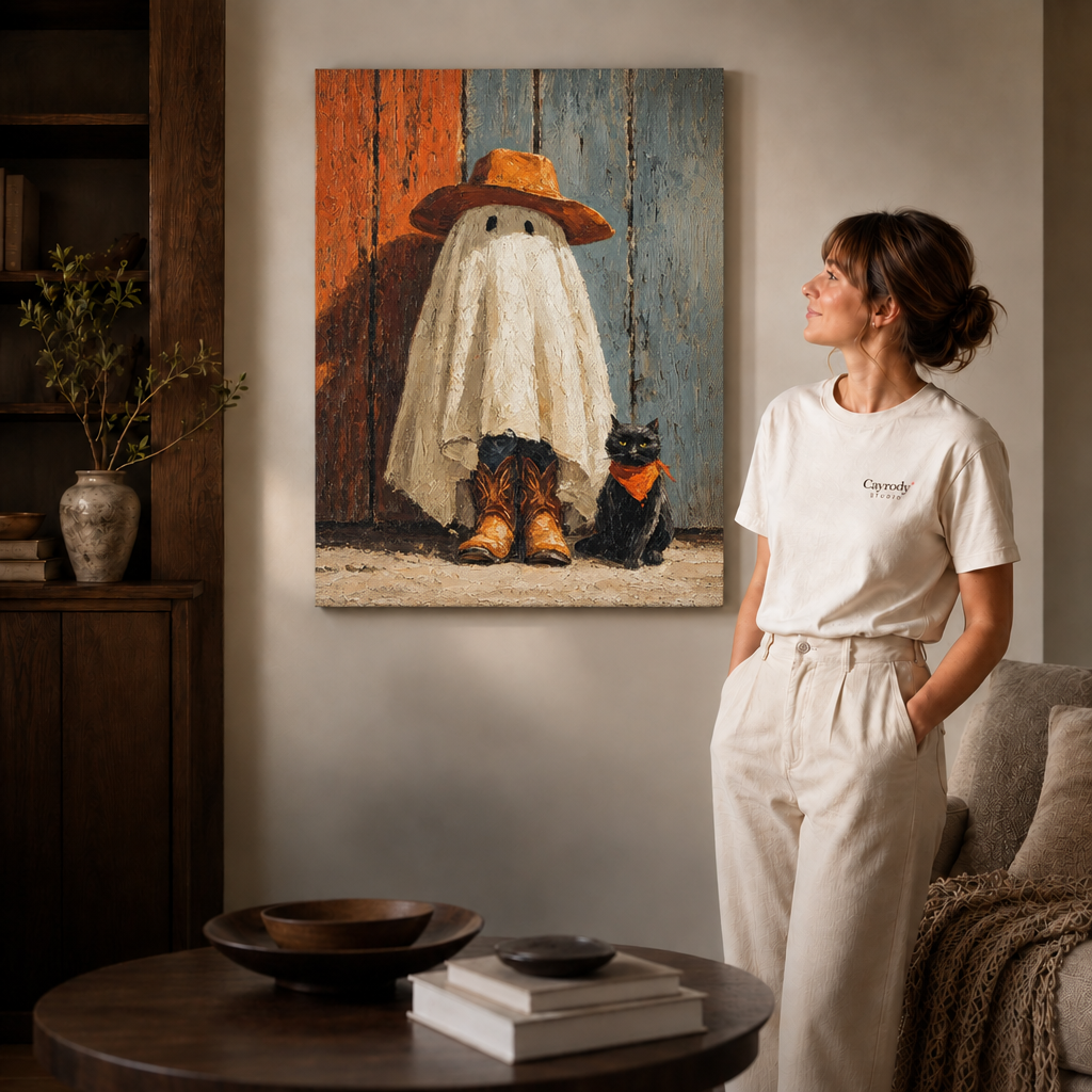 Unframed cowboy ghost canvas with black cat hanging in a cozy living room with a round coffee table