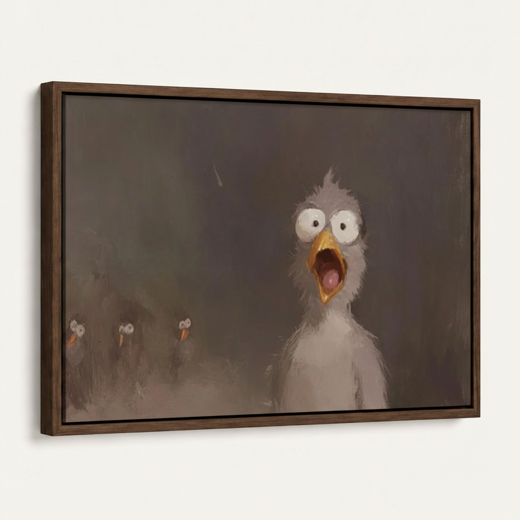 Framed screaming bird cinematic canvas print in dark walnut float frame angled product view