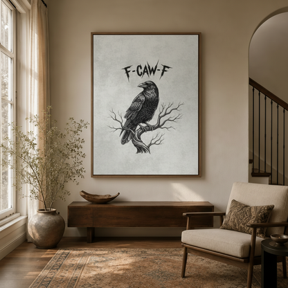 Dark raven wall art in float frame hanging in entryway with staircase and arched doorway