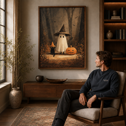 Whimsical Halloween canvas displayed above a wood cabinet beside a seated man in a study.
