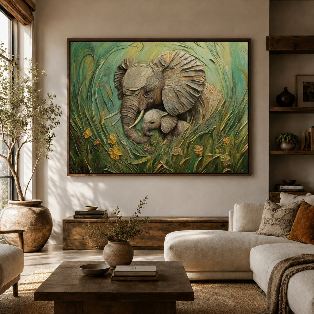 Mother and baby elephant wall art with thick brushstroke texture styled on a living room sofa wall