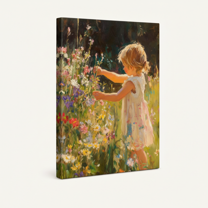 Gallery-wrapped childhood meadow canvas with dark forest green wrap sides on cream background