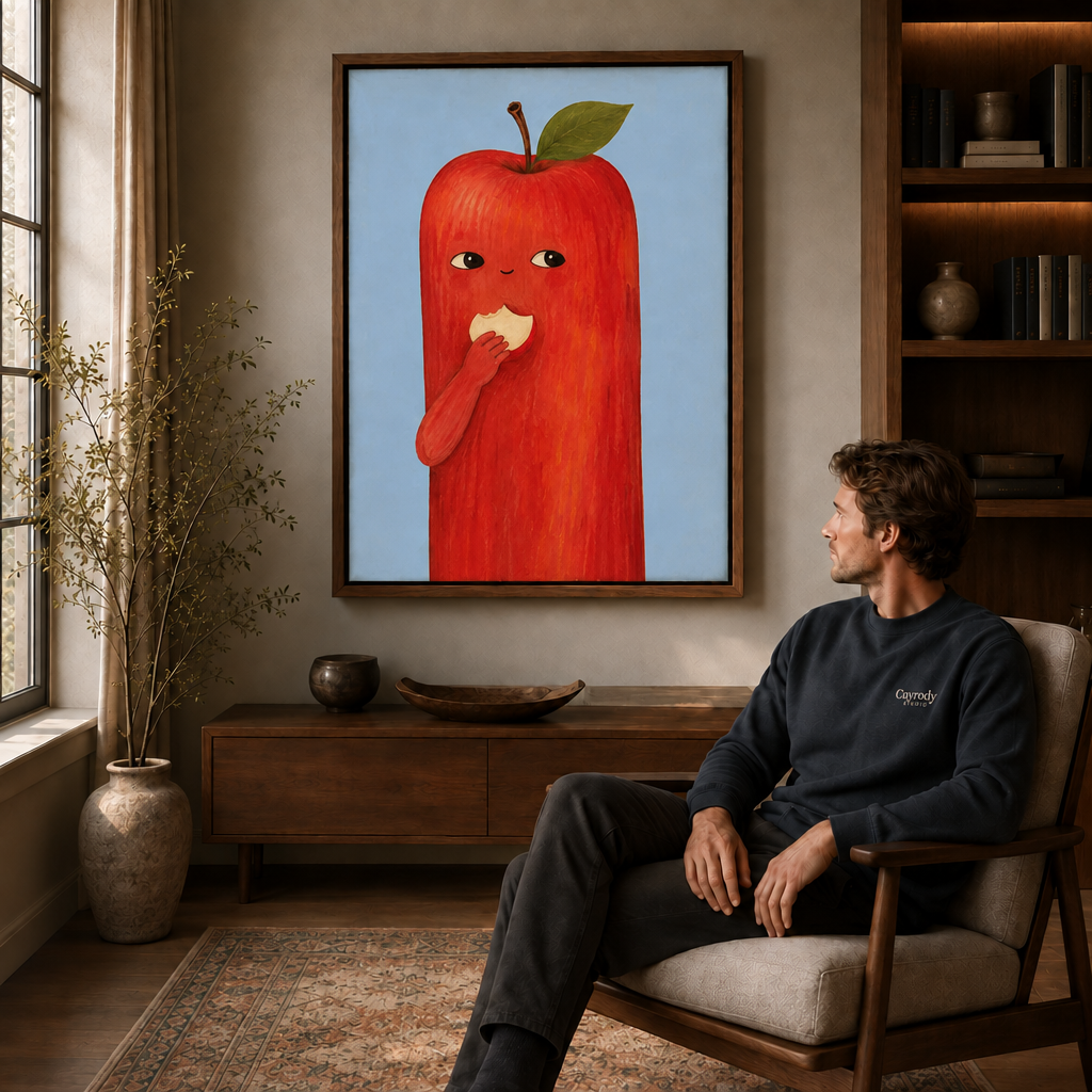 Playful apple wall art displayed above a wood cabinet beside a seated man.