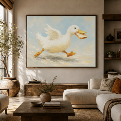 Funny white duck with bread canvas art above sofa in modern neutral living room interior