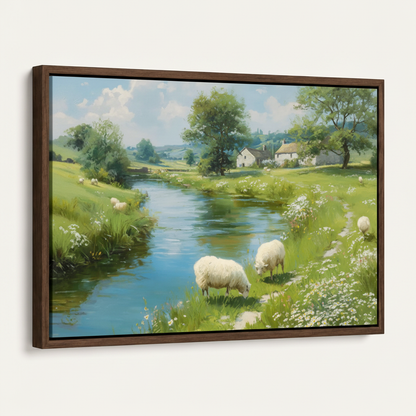 Dark walnut float frame English countryside sheep river pastoral canvas wall art angled side view cream background