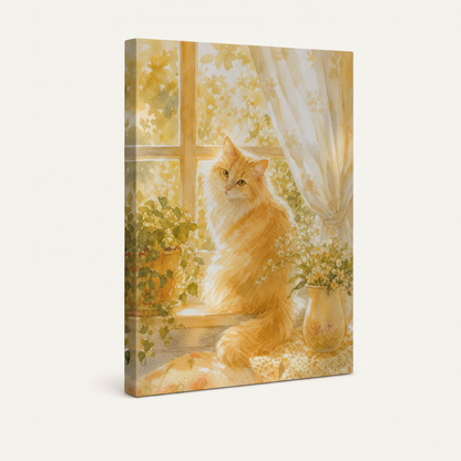 Gallery wrapped canvas print fluffy orange cat on windowsill with lace curtains angled product view