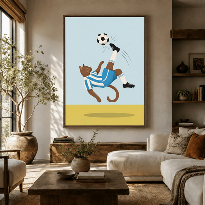 Bold minimal soccer cat wall art in a cozy living room above cream sofa and wood coffee table