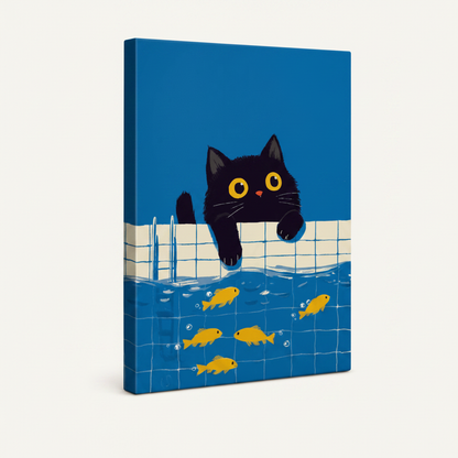Gallery wrapped canvas side view of black cat peering at goldfish graphic artwork