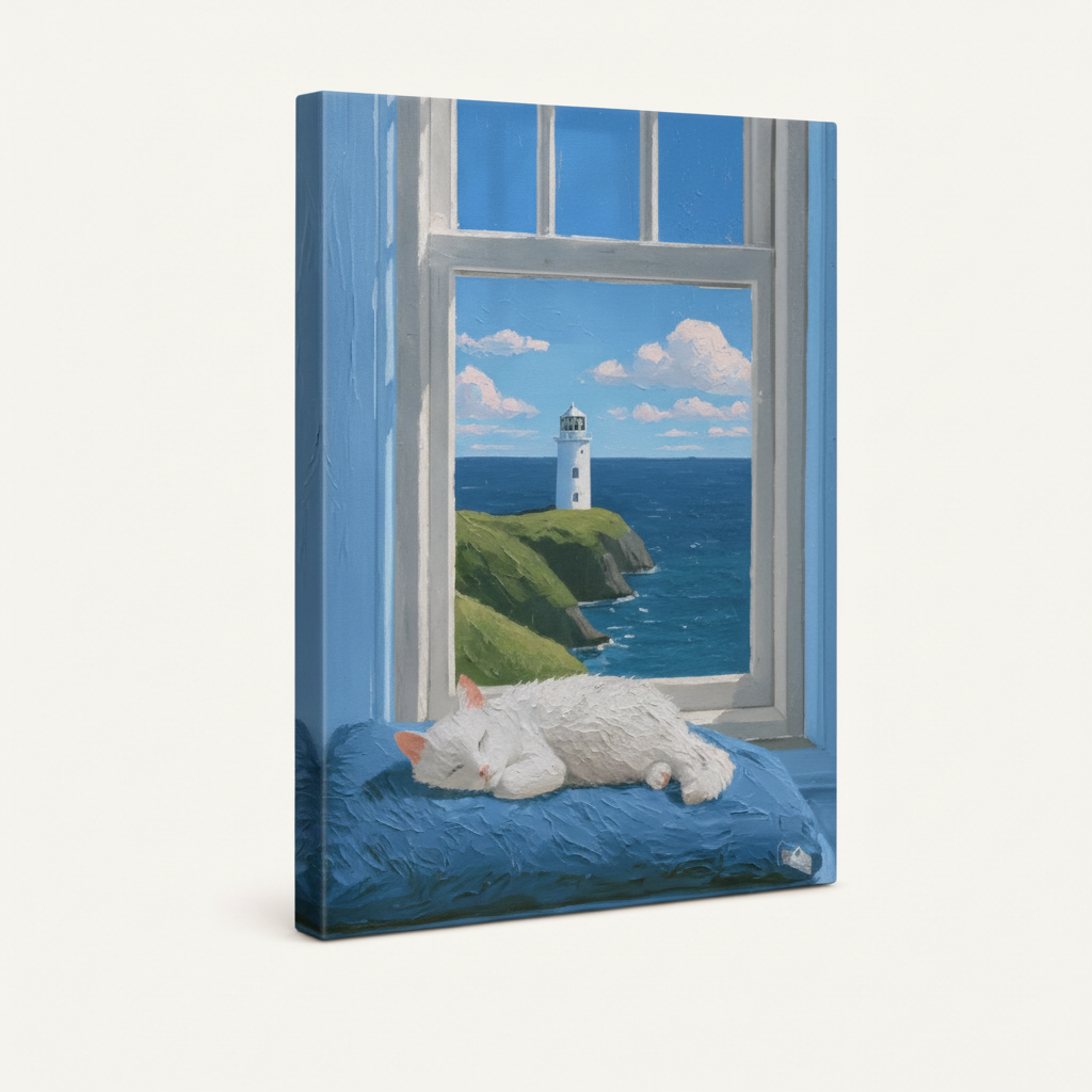 Gallery-wrapped white cat window lighthouse canvas with blue wall wrap sides on off-white background