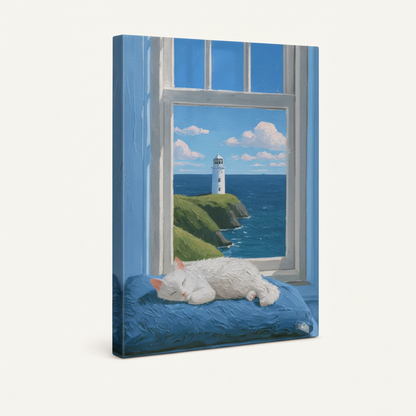 Gallery-wrapped white cat window lighthouse canvas with blue wall wrap sides on off-white background