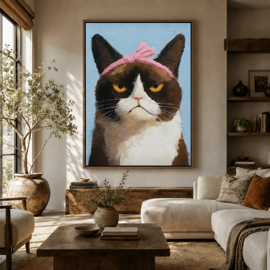 Funny cat canvas wall art in living room with neutral boho decor and olive tree