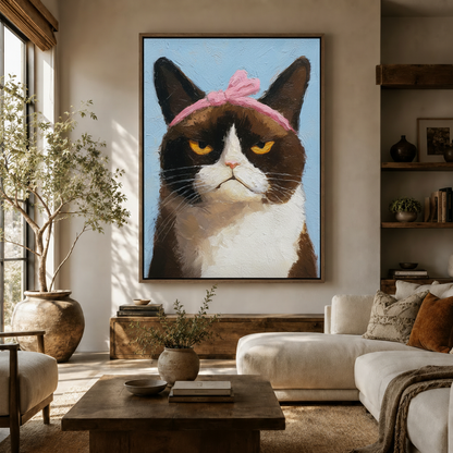 Funny cat canvas wall art in living room with neutral boho decor and olive tree