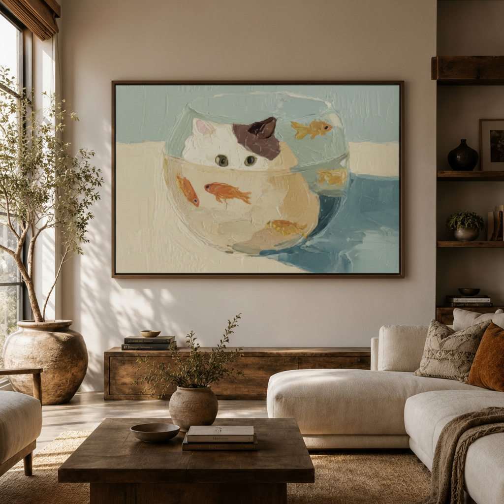 Framed whimsical cat goldfish bowl impasto canvas displayed large in warm modern living room
