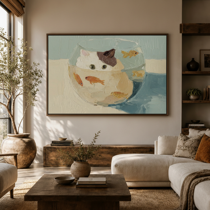 Framed whimsical cat goldfish bowl impasto canvas displayed large in warm modern living room