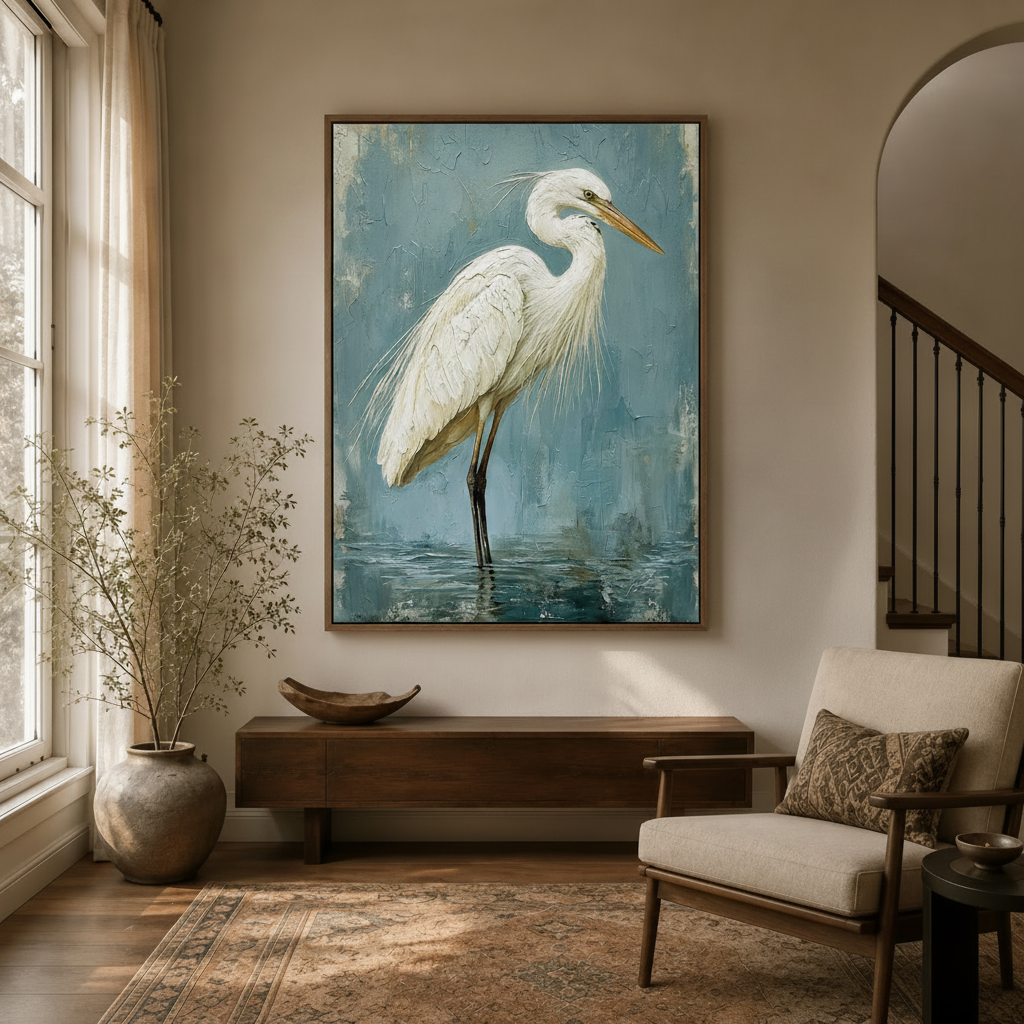 Coastal egret bird canvas wall art with walnut frame hanging in hallway entryway with arched doorway