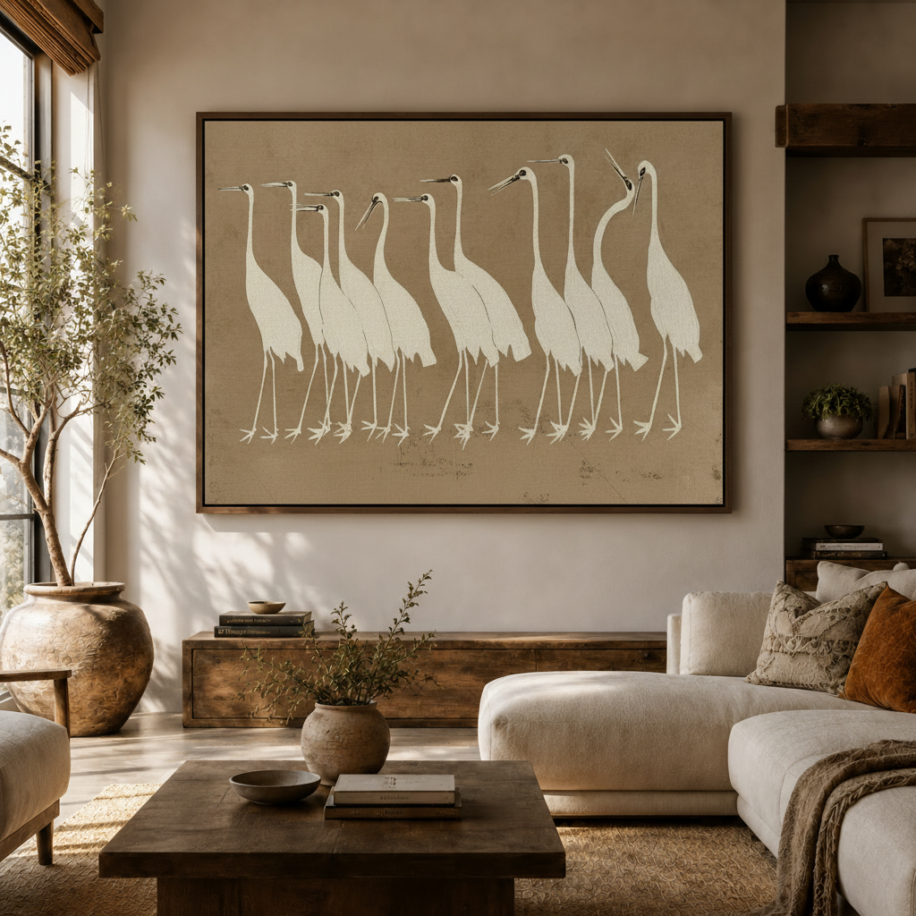 East Asian crane painting canvas print hanging in bright modern living room above white curved sofa