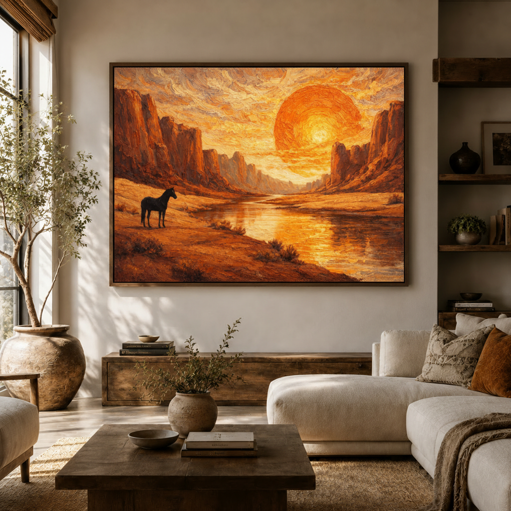 Large Western landscape oil painting canvas in a walnut float frame displayed above a sideboard in a neutral living room
