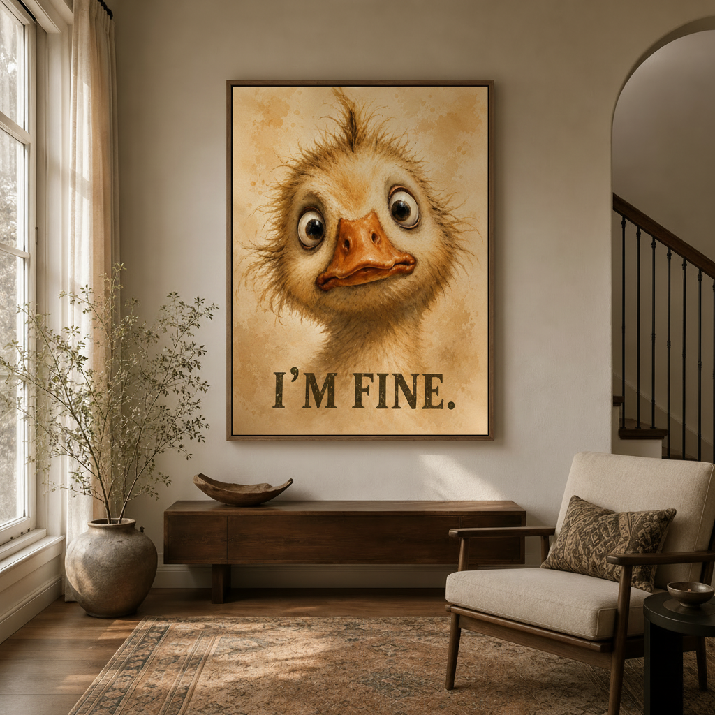 Whimsical "I'm Fine" duck print displayed in a cozy entryway with dried botanicals and linen armchair