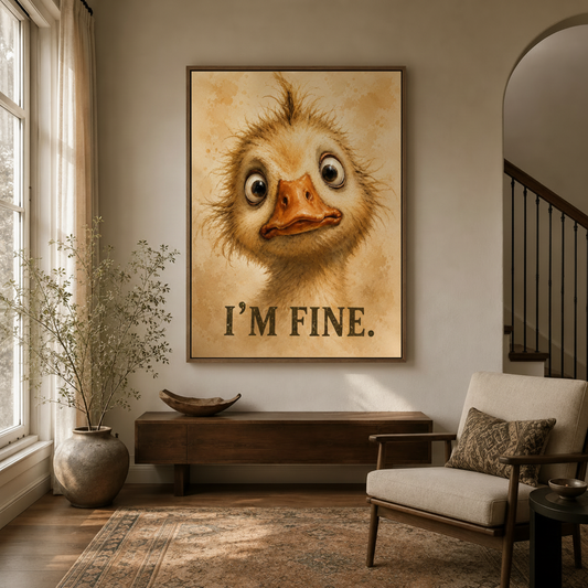 Whimsical "I'm Fine" duck print displayed in a cozy entryway with dried botanicals and linen armchair
