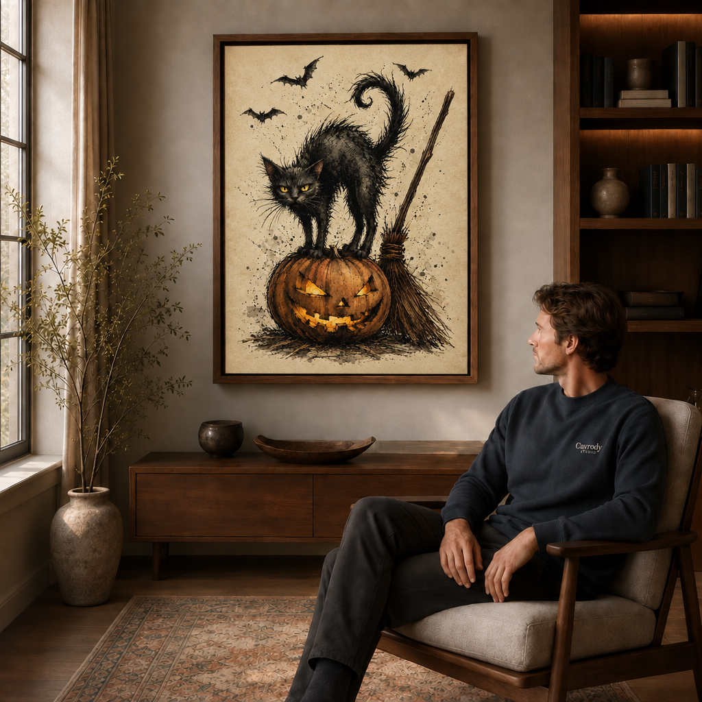 Halloween black cat canvas wall art above a cabinet near a seated man and window