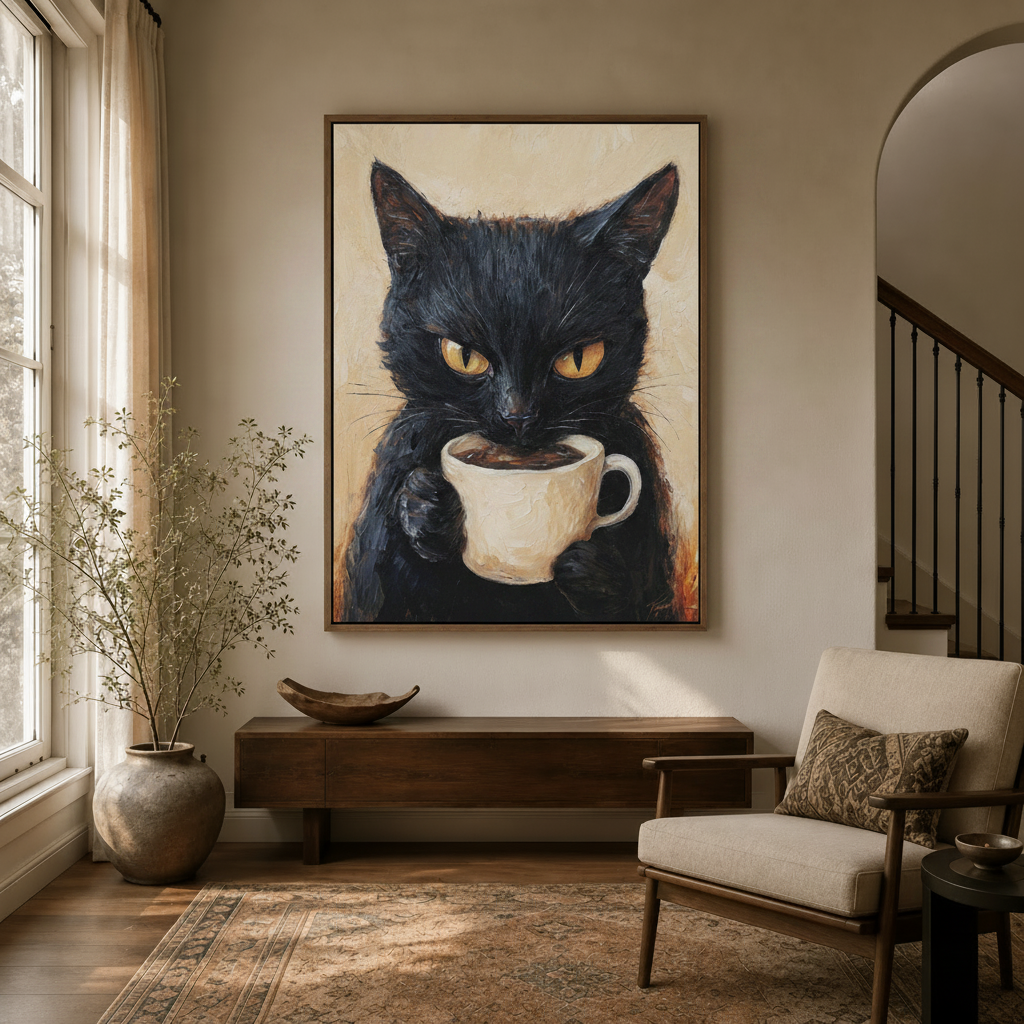 Framed black cat holding coffee cup canvas wall art hanging in a neutral entryway with arched doorway