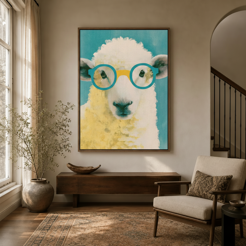 Funny animal wall art canvas displayed in a cozy entryway with arched doorway
