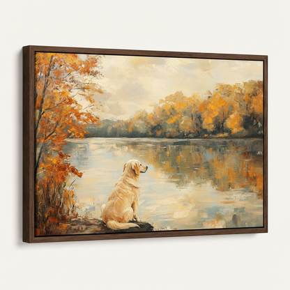 Framed golden retriever autumn lake impressionist canvas print in dark walnut float frame angled 3/4 view
