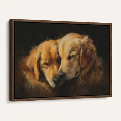 Framed two golden retrievers canvas print in dark walnut float frame angled product view
