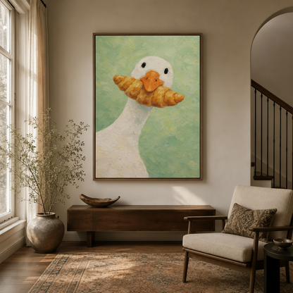 Whimsical white goose canvas wall art in walnut float frame hanging in cozy neutral entryway