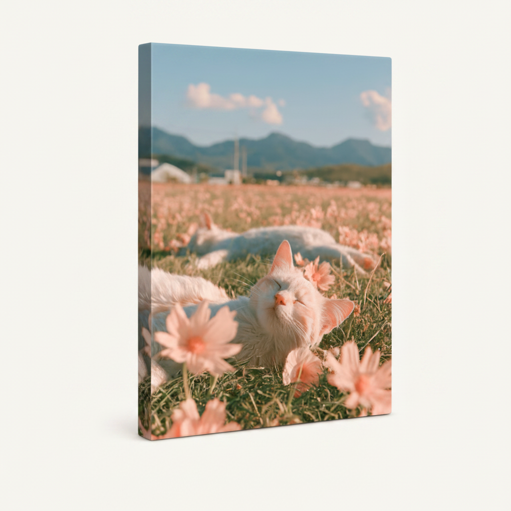 Gallery-wrapped canvas of white cat resting among pink flowers shown at angle on white background