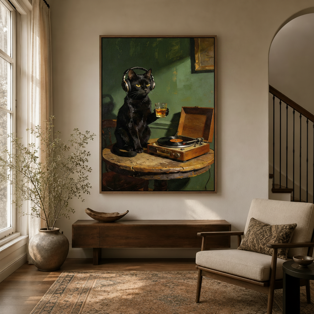 Vintage black cat oil painting wall art hanging in modern entryway with dried branch decor