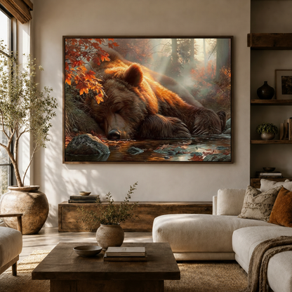 Wildlife oil painting canvas wall art displayed above white sofa in modern living room