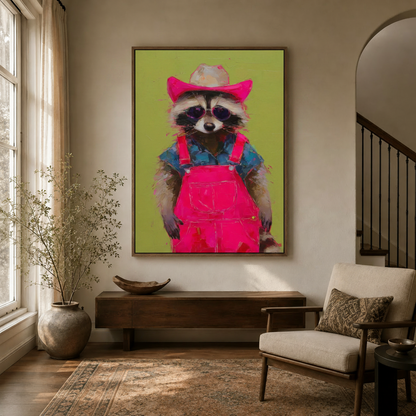 Funky raccoon canvas print in pink overalls and cowboy hat hanging in a cozy hallway