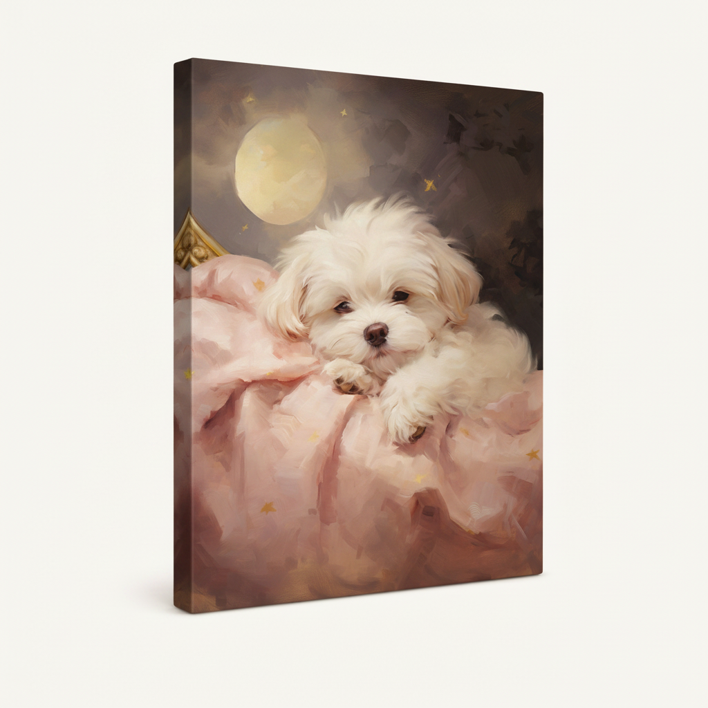 Gallery wrapped canvas print white Maltese puppy pink blanket glowing moon angled product view