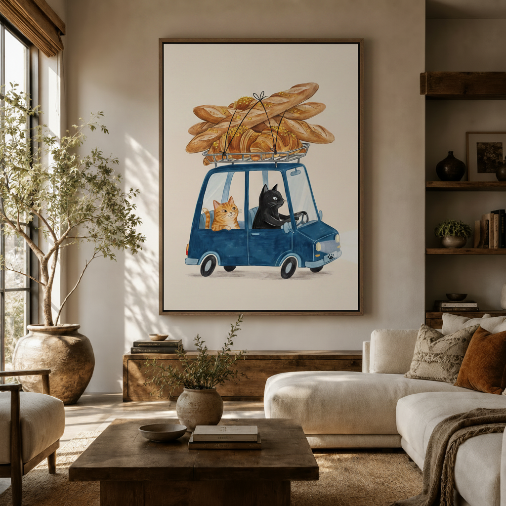 Black cat blue car baguette canvas print in dark walnut frame displayed in bright modern living room