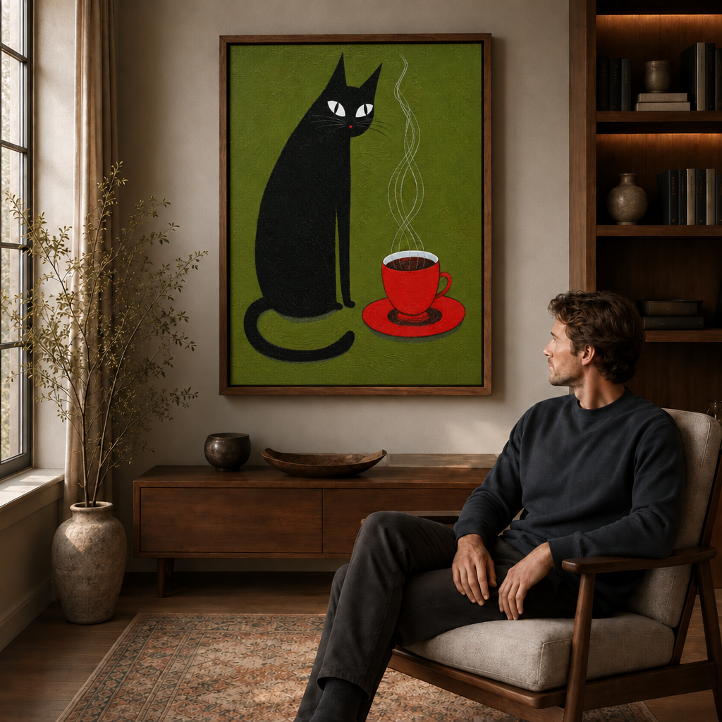 Whimsical black cat and red coffee cup wall art above a wooden console