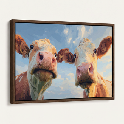 Framed two cows impasto farmhouse canvas print in dark walnut float frame angled product view