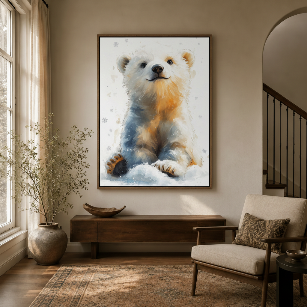 Framed baby polar bear watercolor canvas painting hung in warm neutral entryway beside staircase