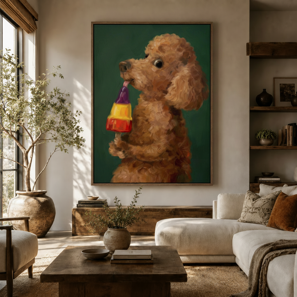 Funny dog canvas wall art of a golden poodle with a rainbow popsicle hanging in a bright living room