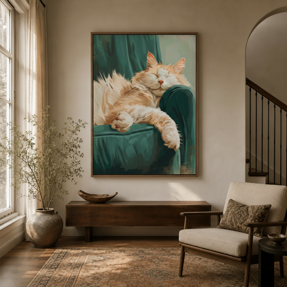 Fluffy orange cat on teal chair wall art displayed in transitional entryway with arched doorway and Persian rug