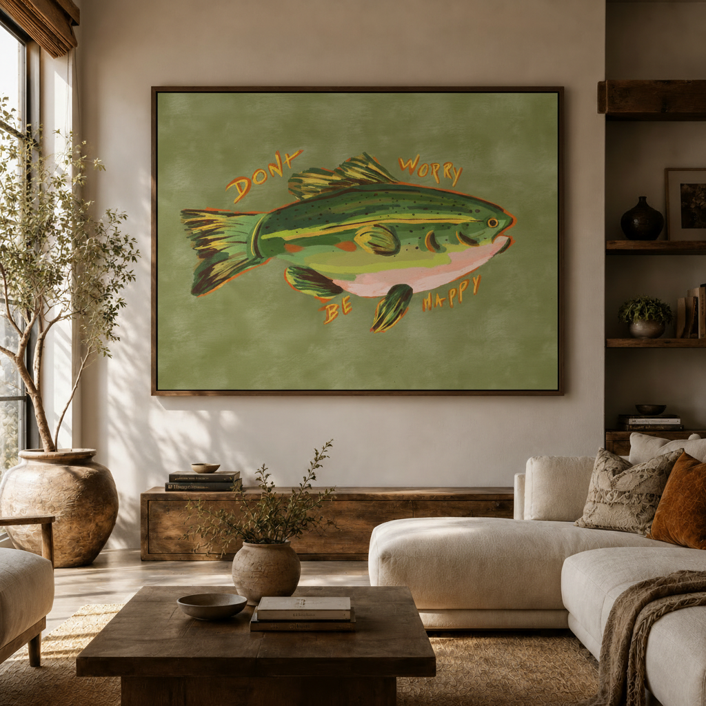 Don't Worry Be Happy largemouth bass print displayed in cozy modern living room