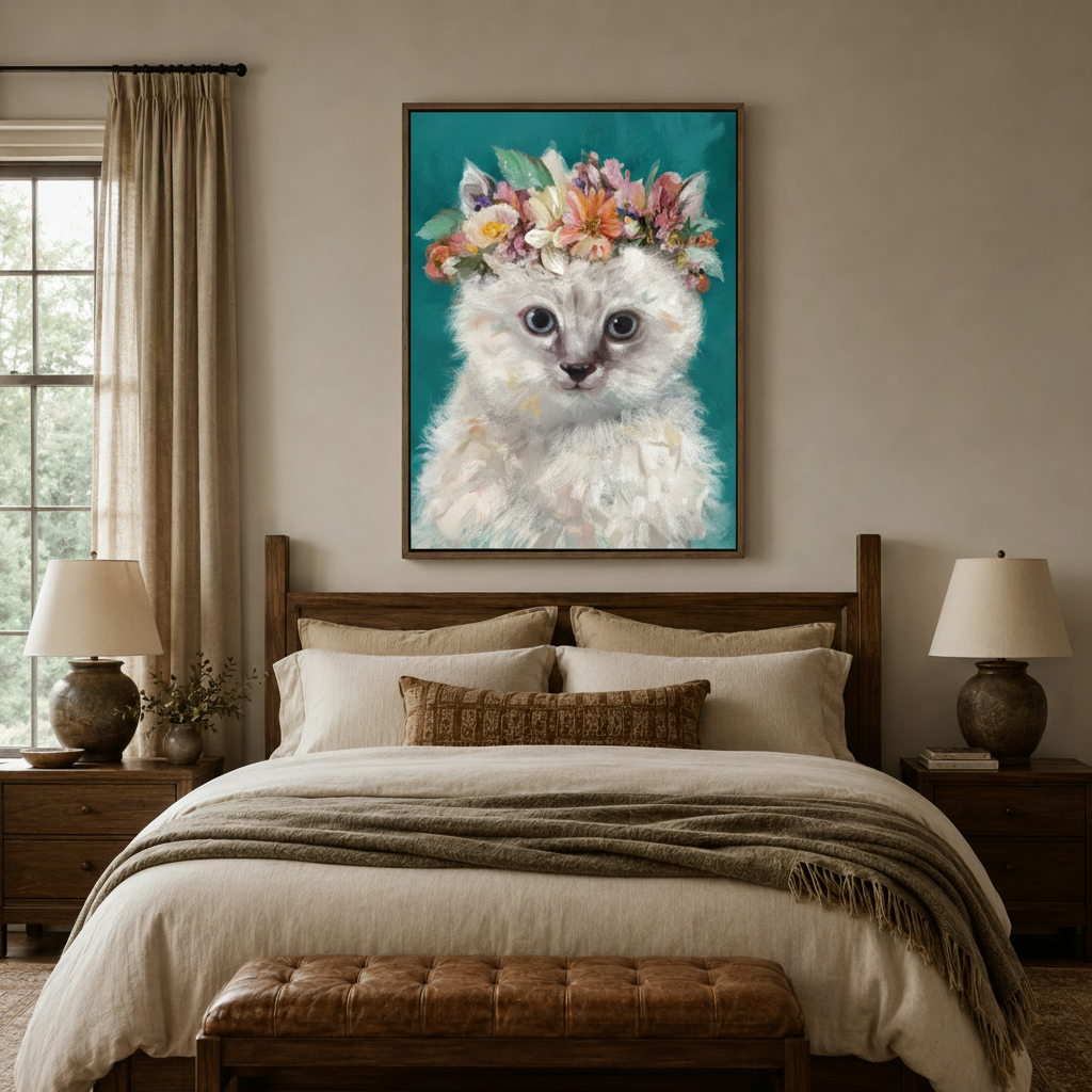 Cute white kitten flower crown wall art in thin brown float frame centered above bed in a warm neutral bedroom