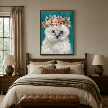 Cute white kitten flower crown wall art in thin brown float frame centered above bed in a warm neutral bedroom