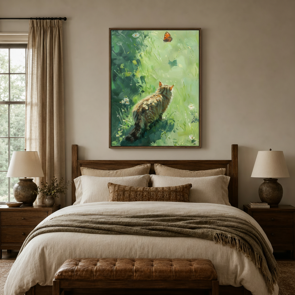Fluffy tabby cat butterfly meadow canvas framed above dark walnut headboard in warm neutral bedroom setting