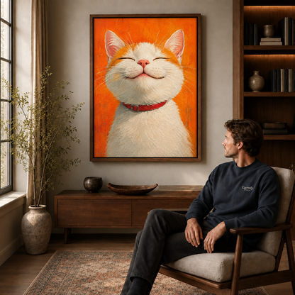 A close-up white cat portrait in an orange field hangs in a wood frame above a console near a seated man.