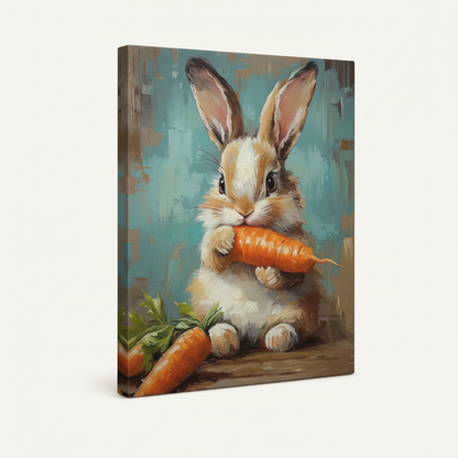 Gallery-wrapped canvas of chubby bunny holding orange carrot with teal wrap shown at angle on white background