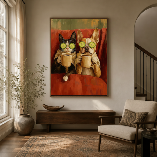 Humorous impressionist pet canvas print hanging in entryway with arched doorway and dried branch decor